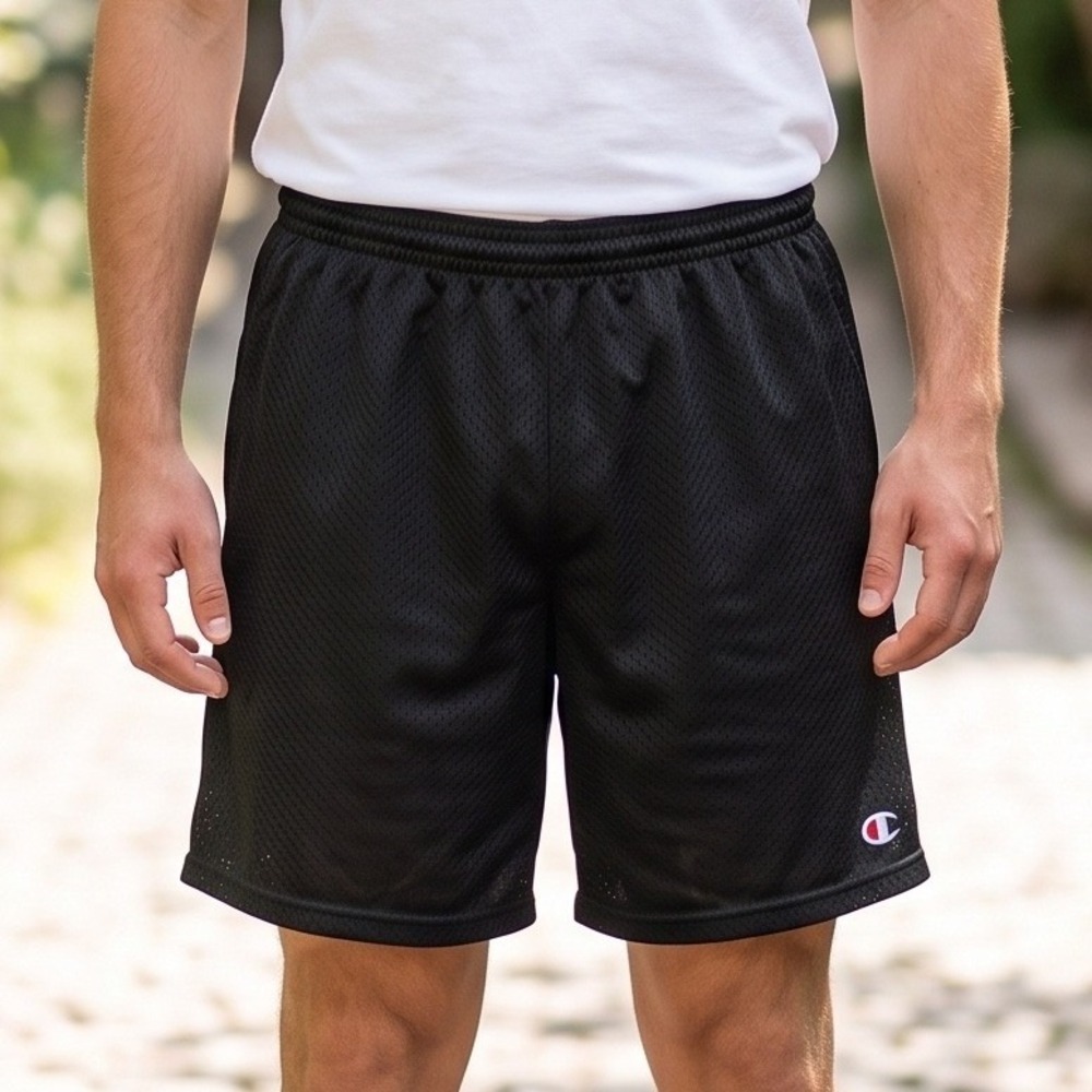 Champion Mesh Athletic Shorts Black Embroidered Logo Gym Basketball‎ Mens